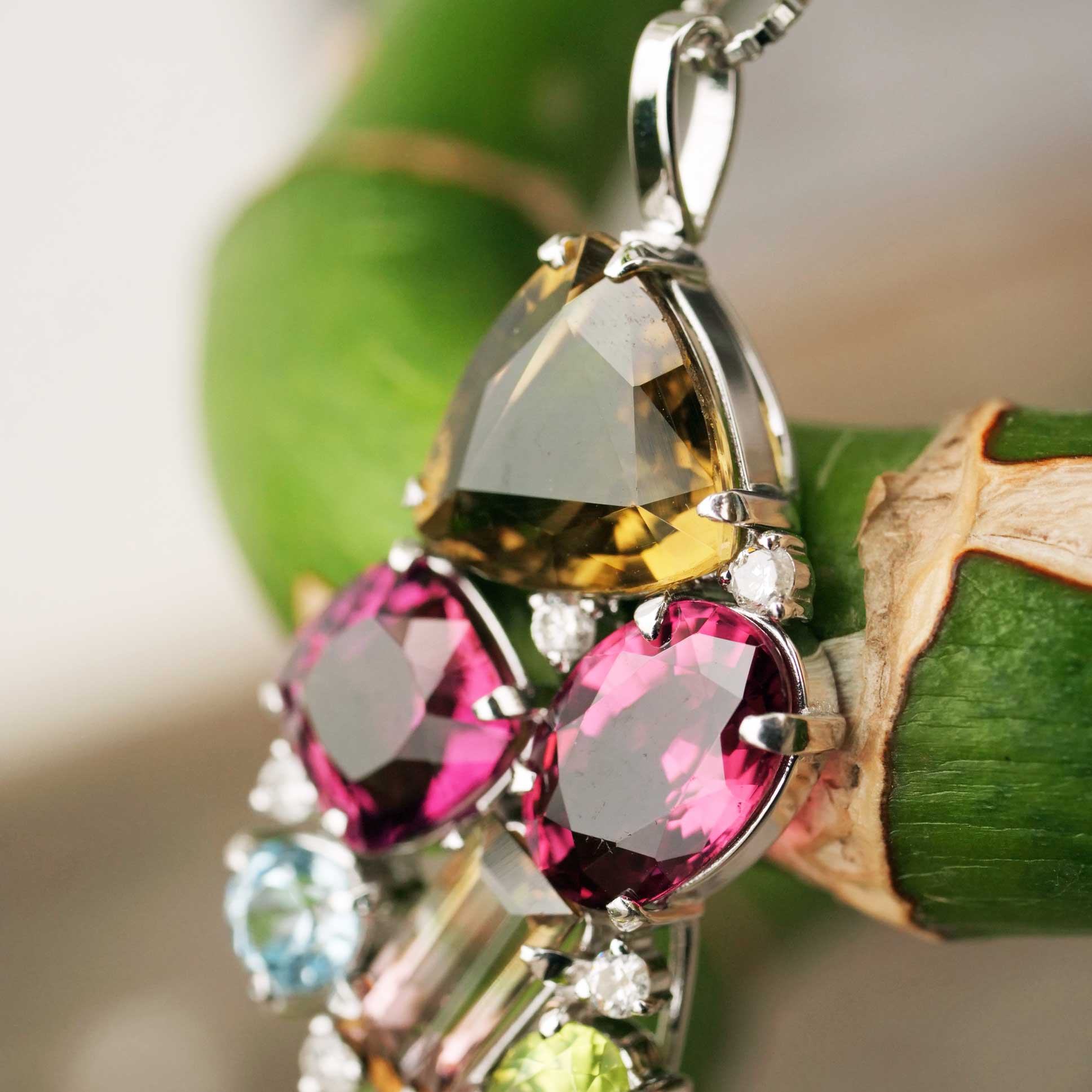 Tourmaline Brilliant Pendant 750 White Gold... rare colors... pink, bicolor, yellow total 7 ct