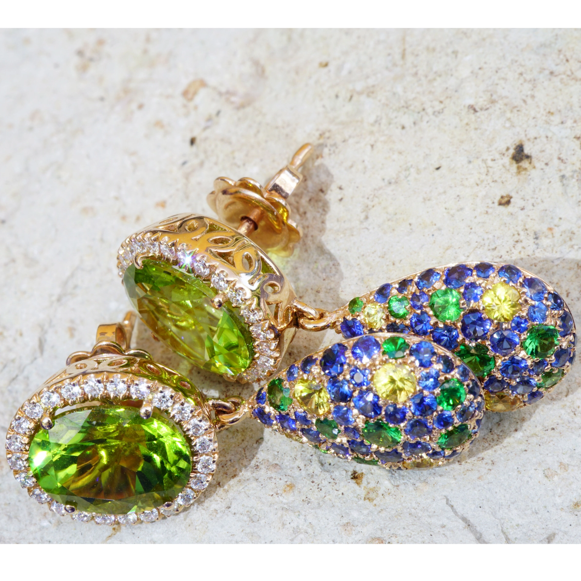 Peridot Saphire Diamond Earrings....18 kt Rose Gold....the most beautiful Color of the Day