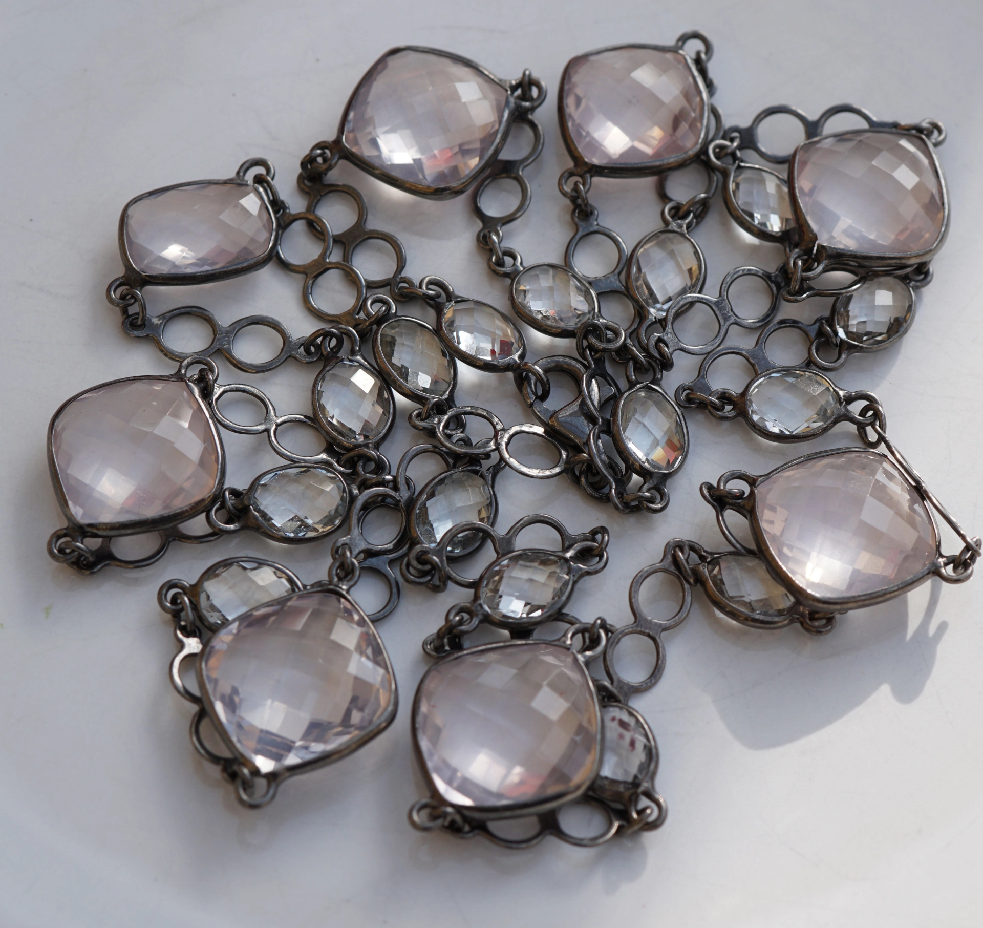 Waffle-Cut Rose Quartz Necklace 90 cm Silver...very long