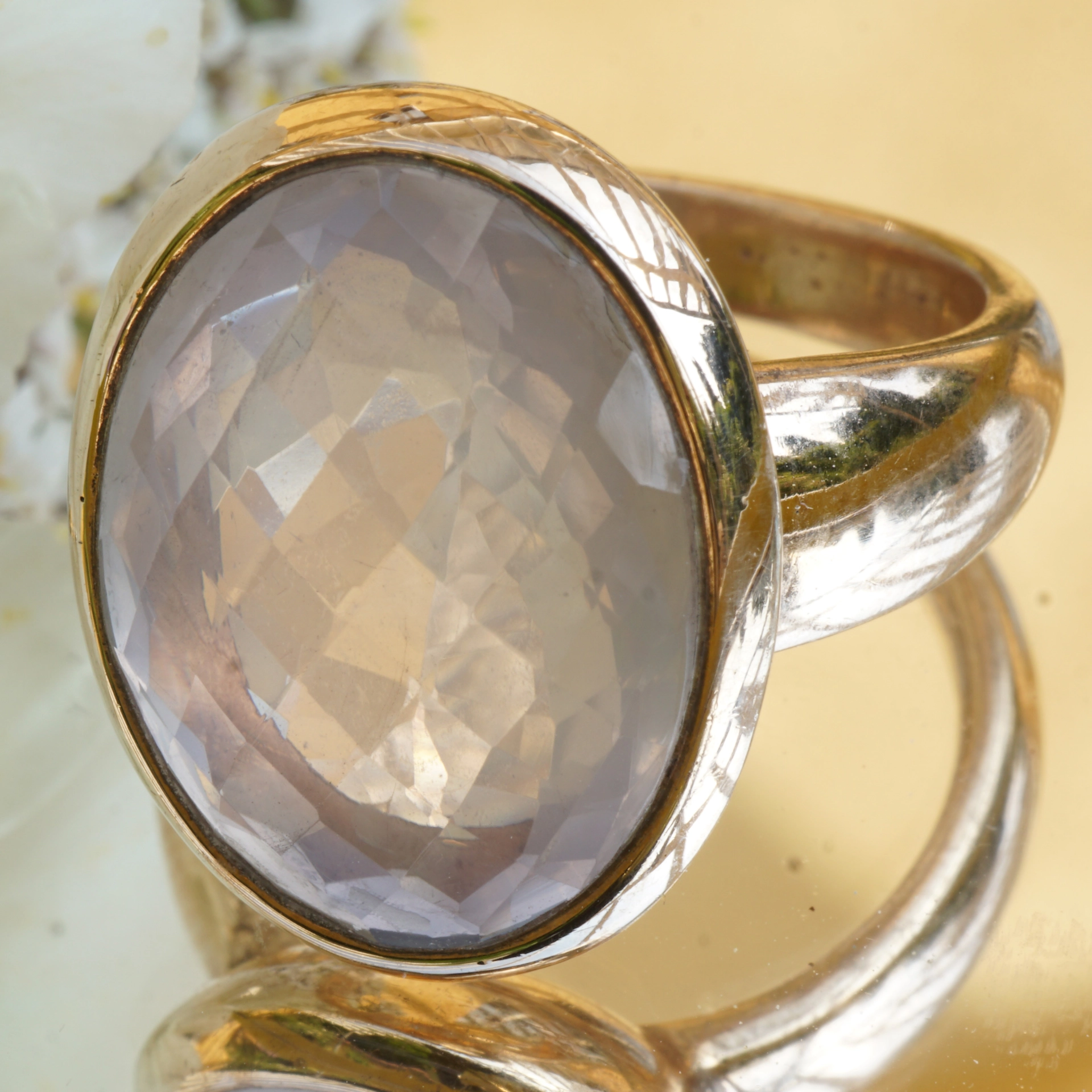 Rosequartz Ring Silver Rosegold Waffle Cut modern Style