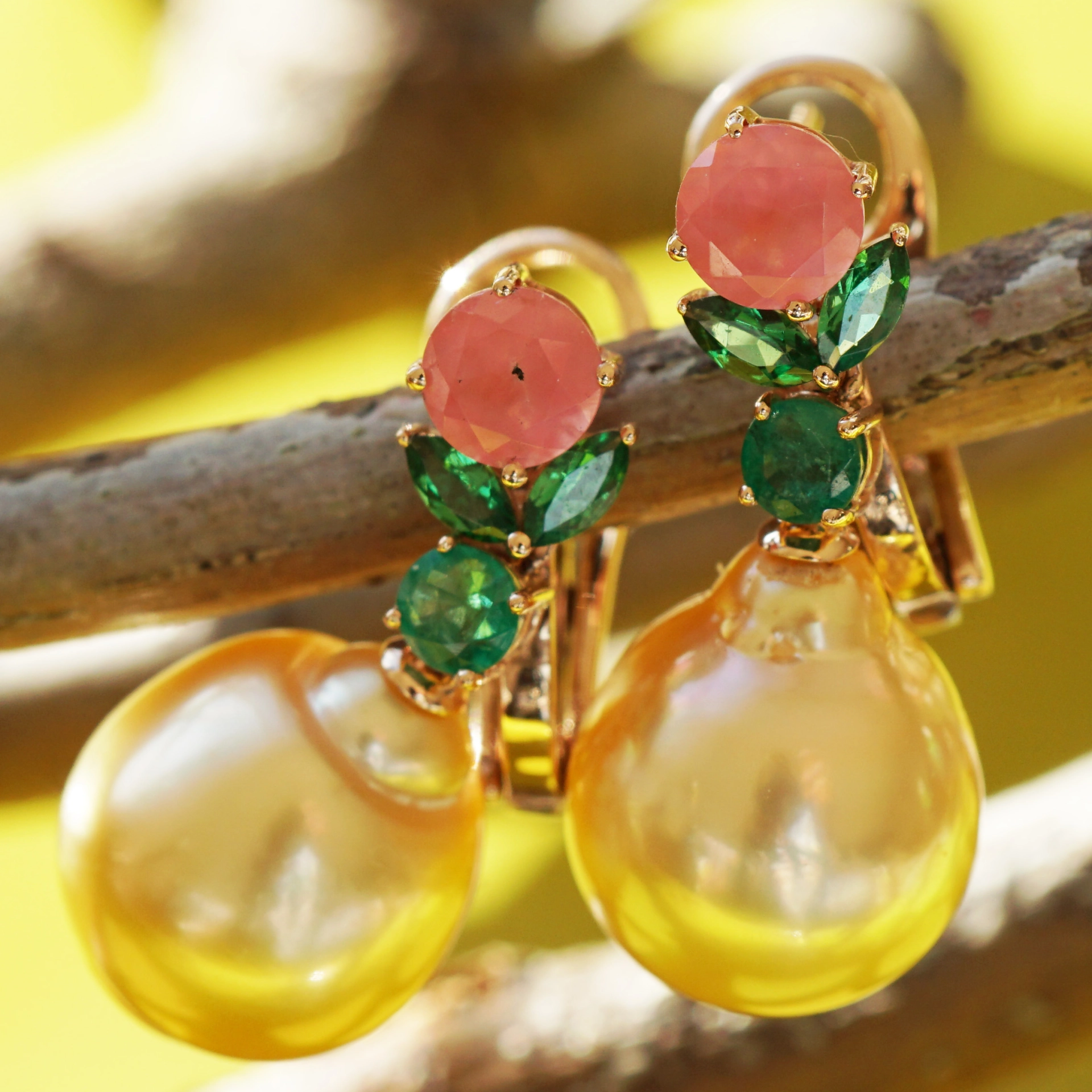 Rhodochrosit Smaragd Demantoid FEEN Ohrhänger mit goldenen Südsee Zuchtperlen 750er Rosegold