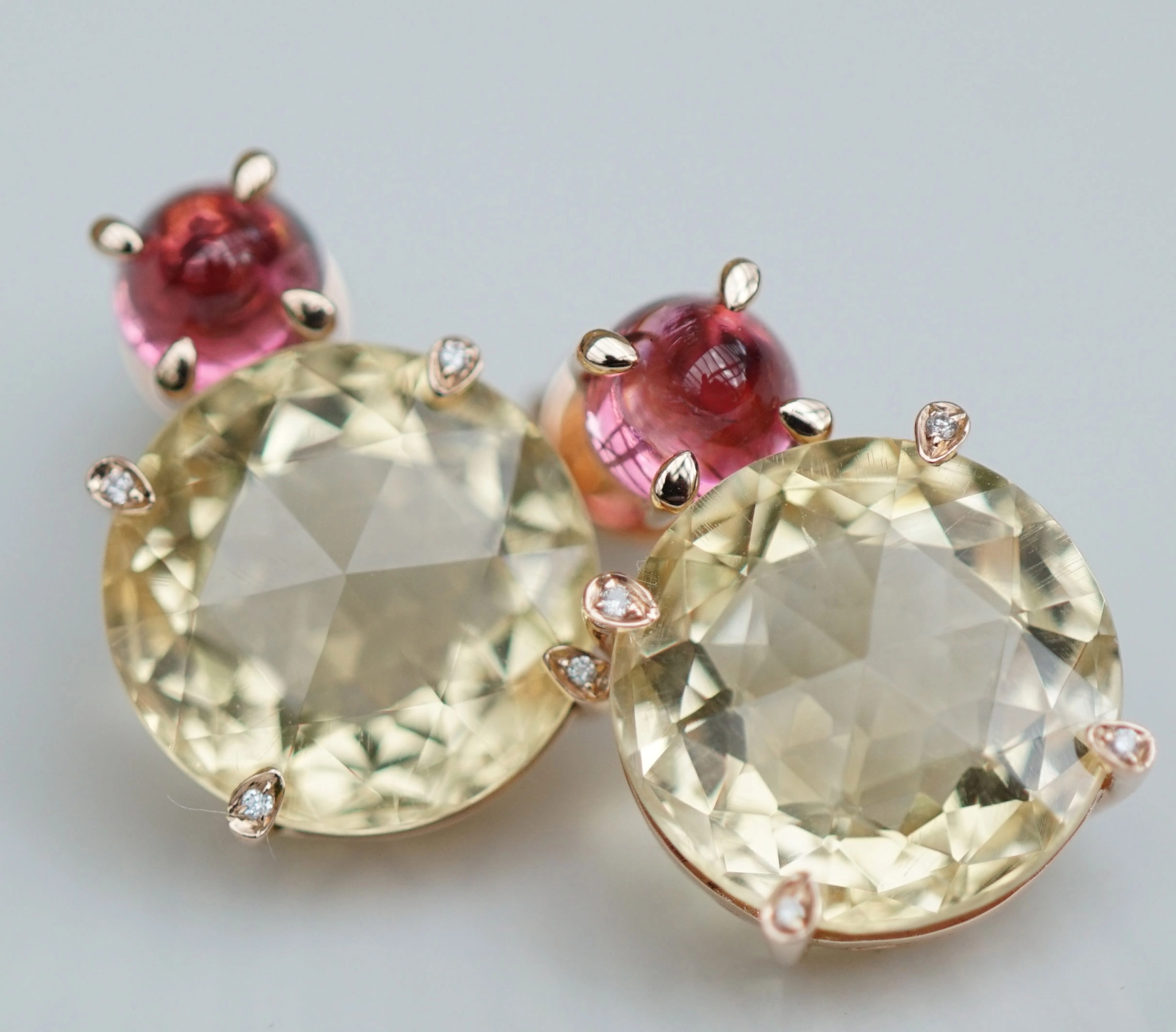 Citrine Tourmaline Ear Studs 18 Gold 20 carat