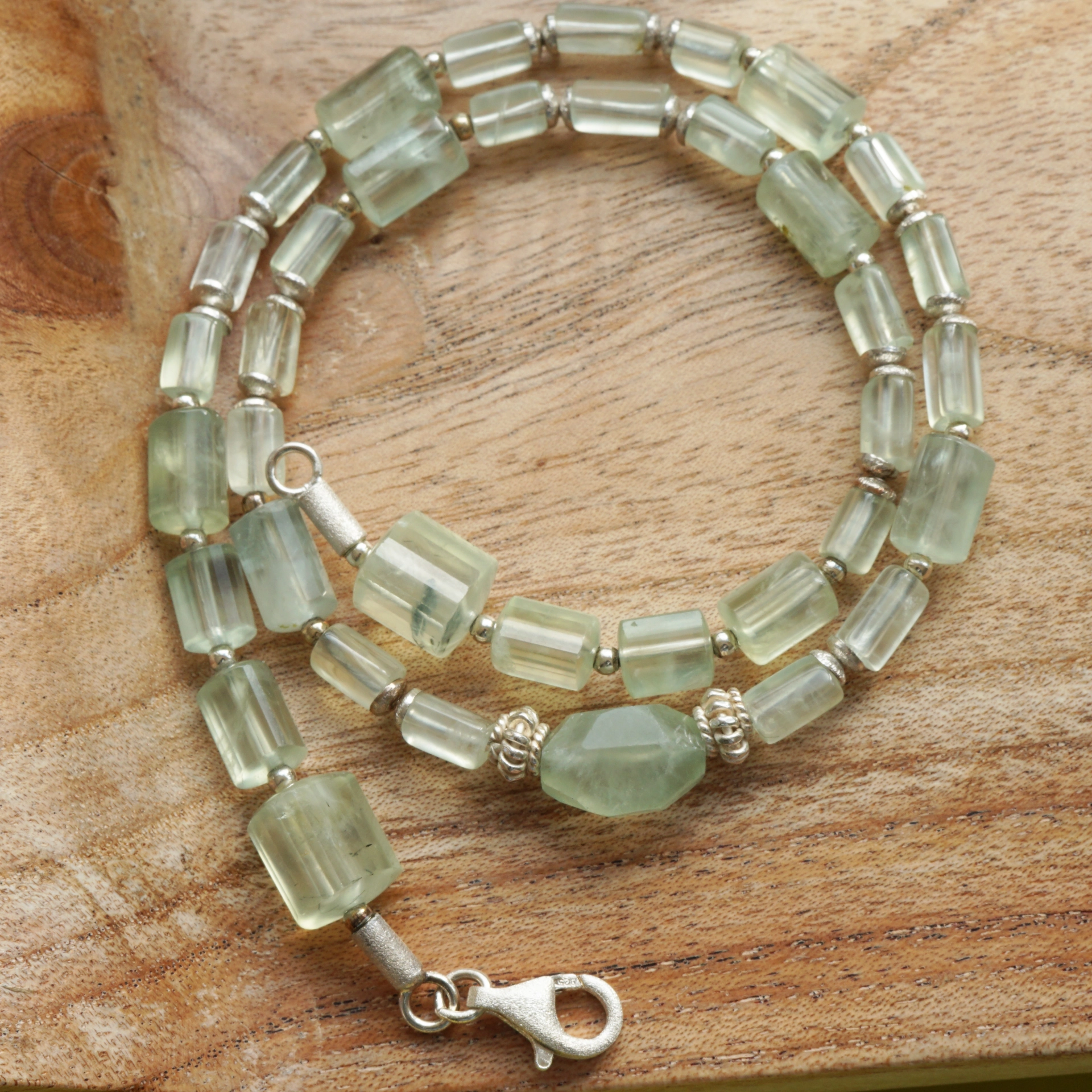 Gemstone Necklace with running Prehnites in different Color Nuances