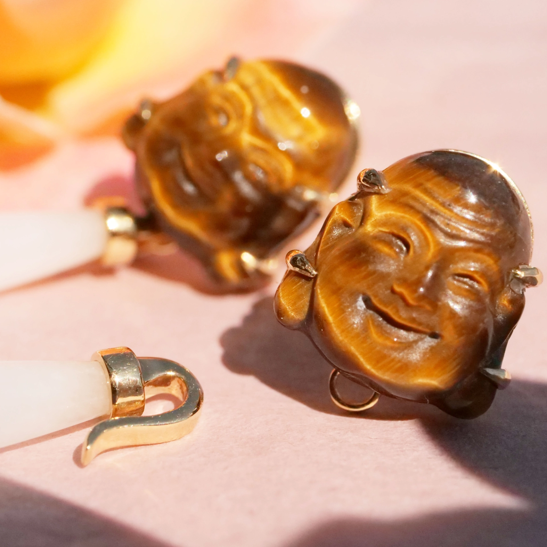 Cacholong Tiger Eye Buddha Head Earrings 18 kt Yellow Gold...makes happy