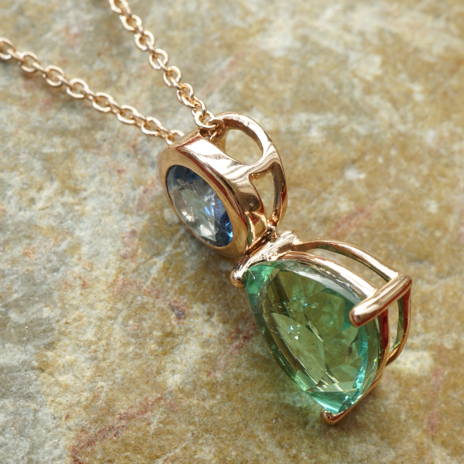 Turmalin Aquamarin Anhänger m. Kette 750er Rosegold 2.19 ct 0.36 ct AAA paraibafarben