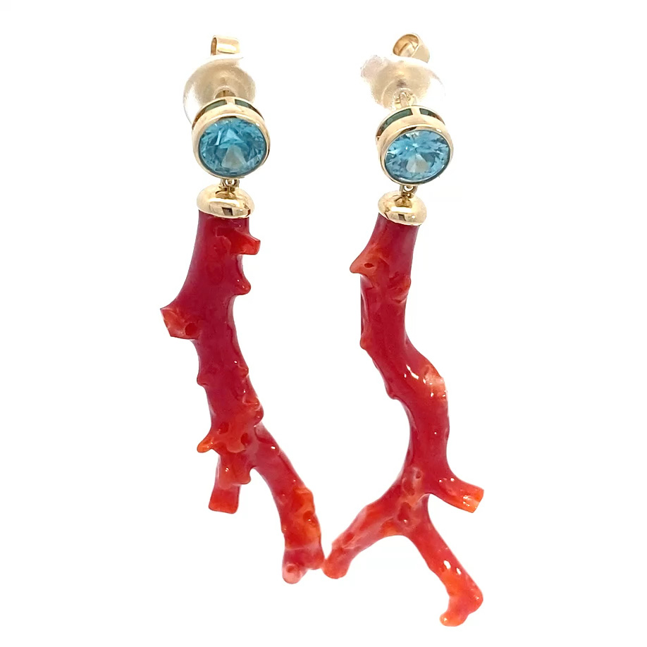 Coral Branch Blue Zircon Earrings 585 Yellow Gold... Immerse yourself in the world of the seas 2.35 ct 20 ct