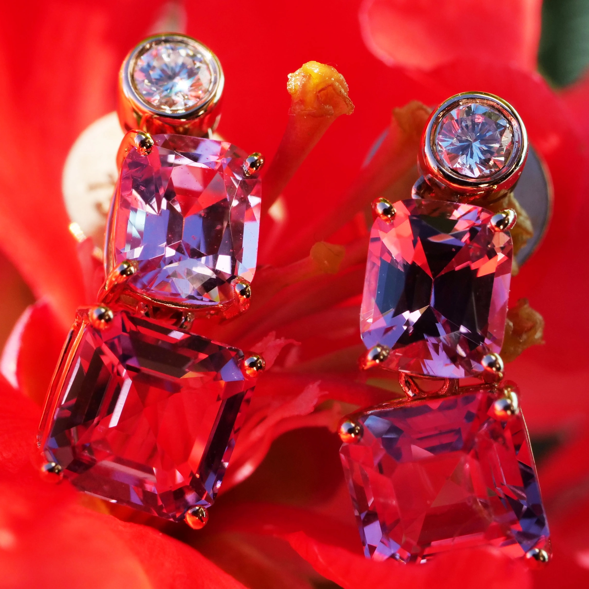 Spinell Brillant Ohrstecker Burma AAA lila pink AIG Expertise grazil und fein in 750er Rosegold