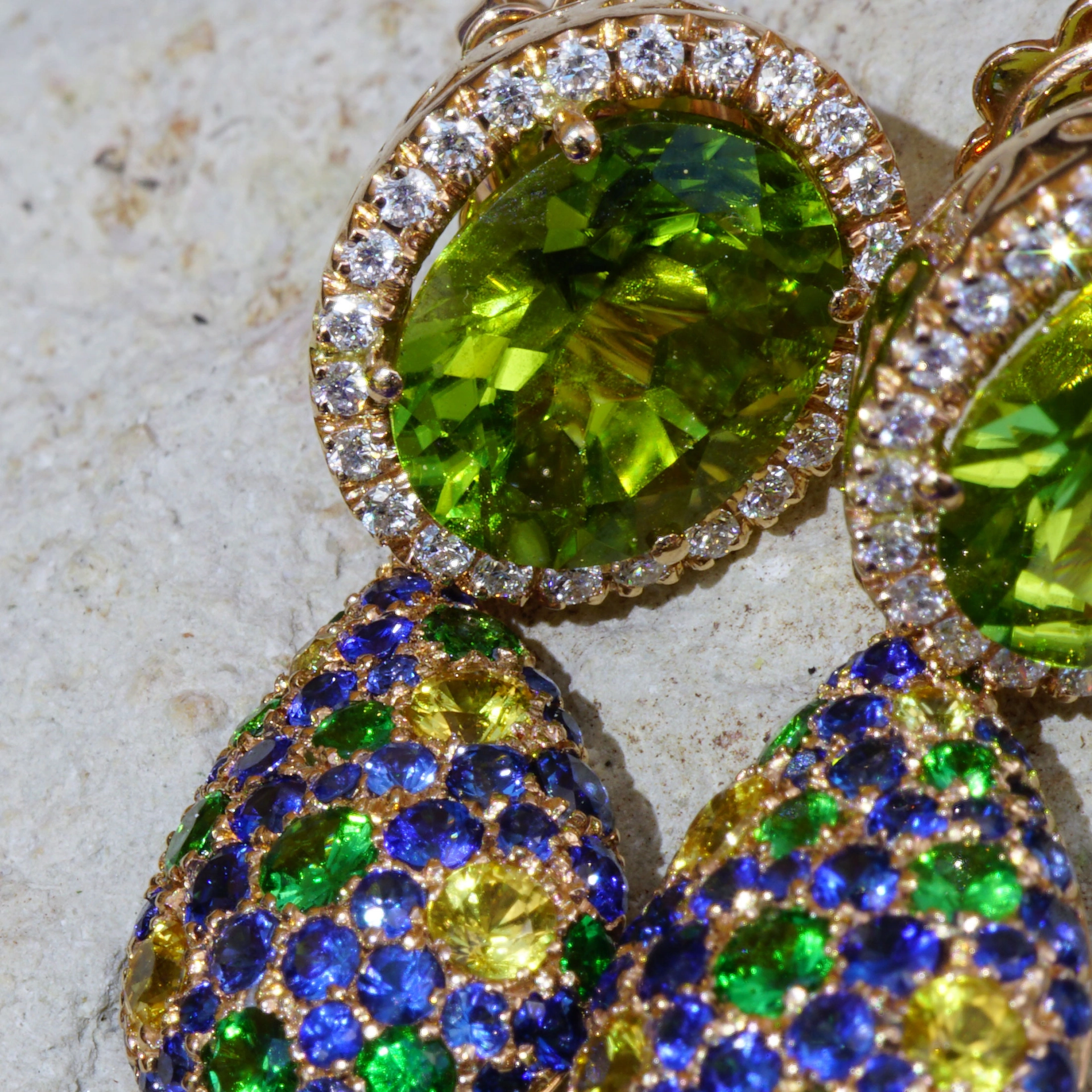 Peridot Saphire Diamond Earrings....18 kt Rose Gold....the most beautiful Color of the Day