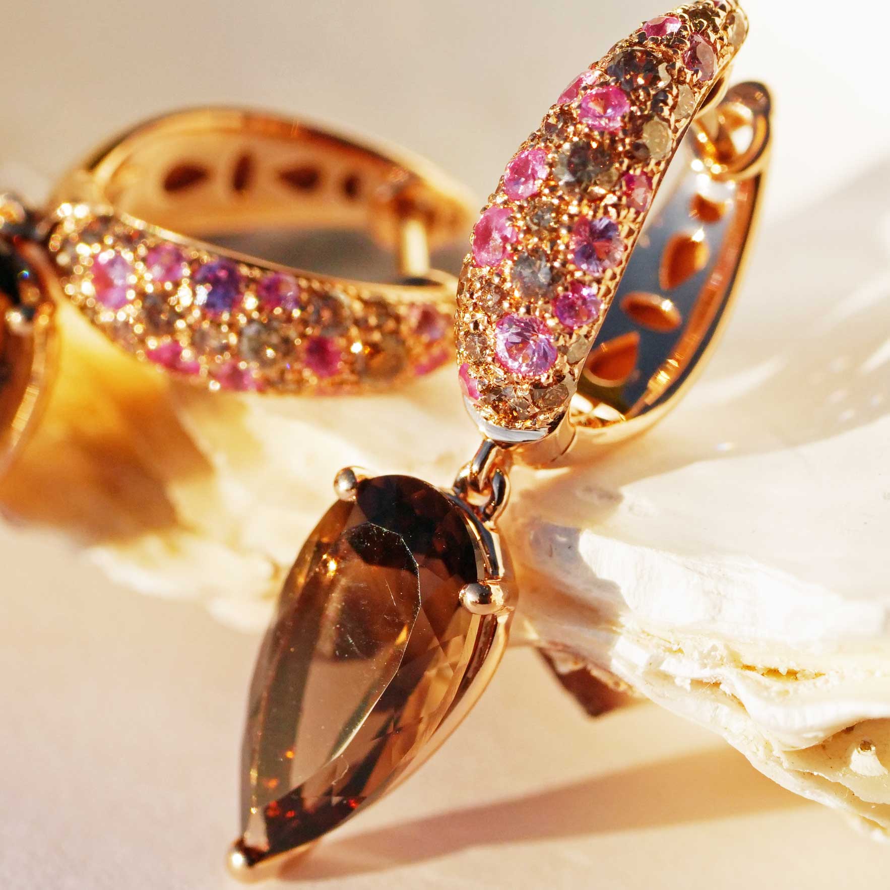 Sapphire Smoky Quartz Brilliant Earrings 750 Rose Gold... noble combination.. Pink and Mocha 6 ct 0.51 ct