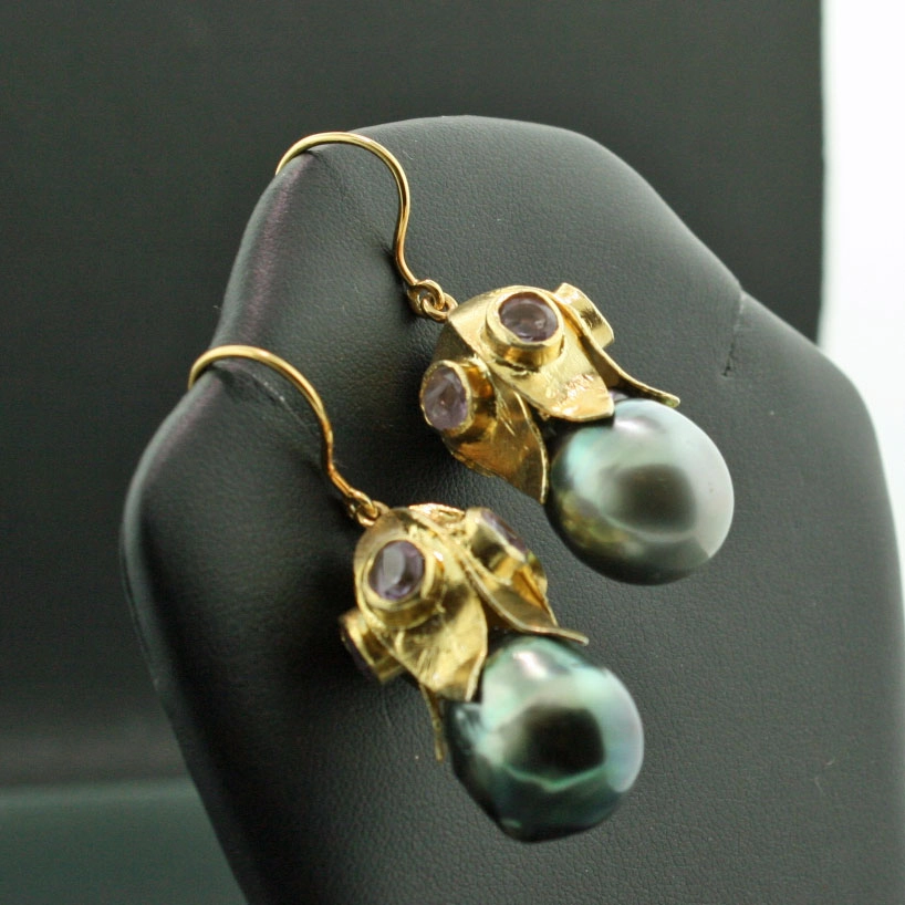 Amethyst-Tahiti-Zuchtperl-Ohrhänger, 585er-Gold,Silber