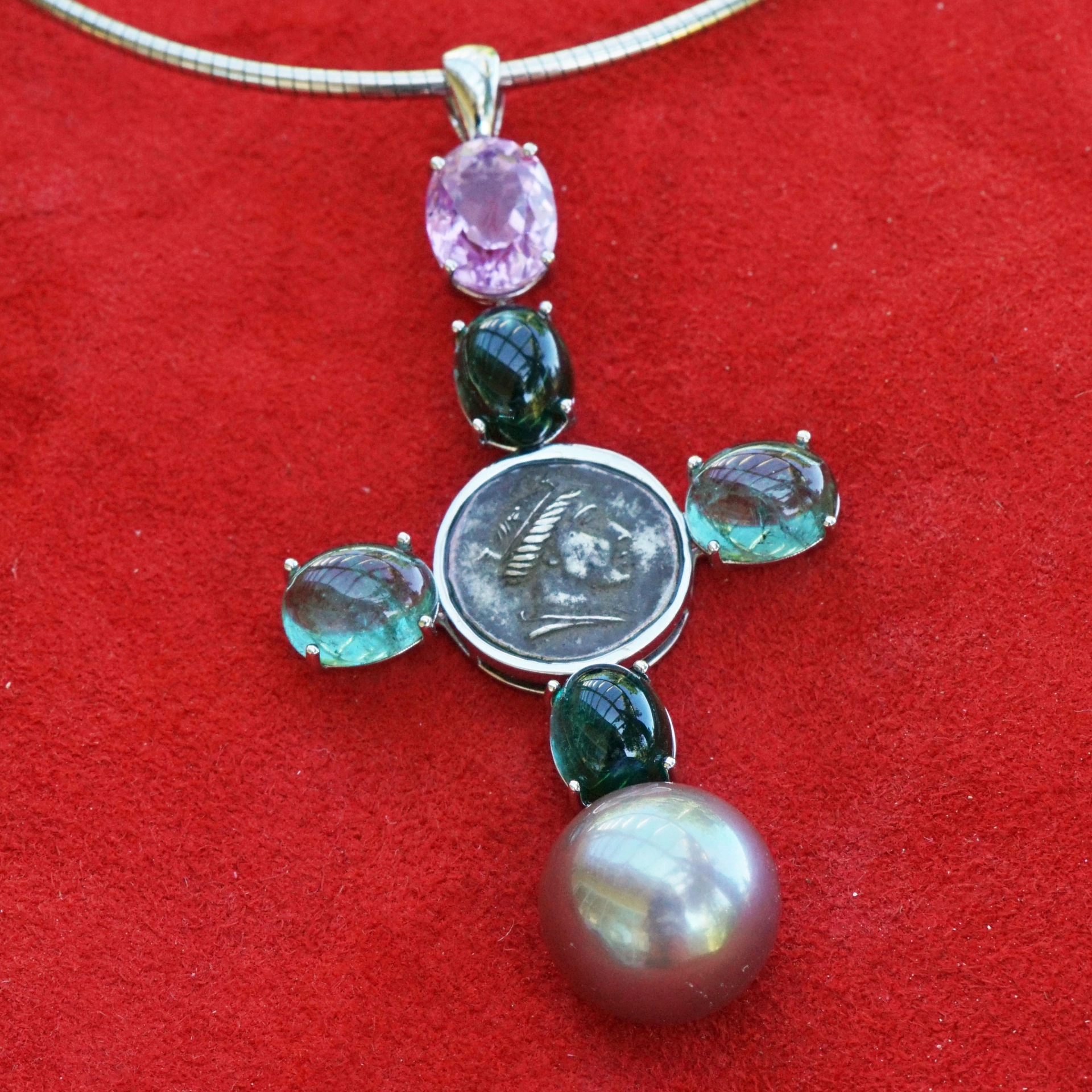 Pendant Cross with Replica Coin and blue-green Turmalin and Kunzite