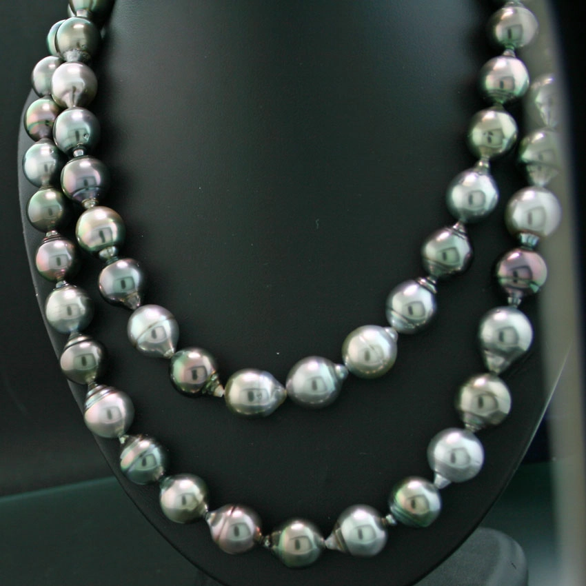 Opera-Tahiti-Zuchtperl-Kette, 12-11 mm Perlen, ca. 92 cm lang, barock, intensiver Lüster