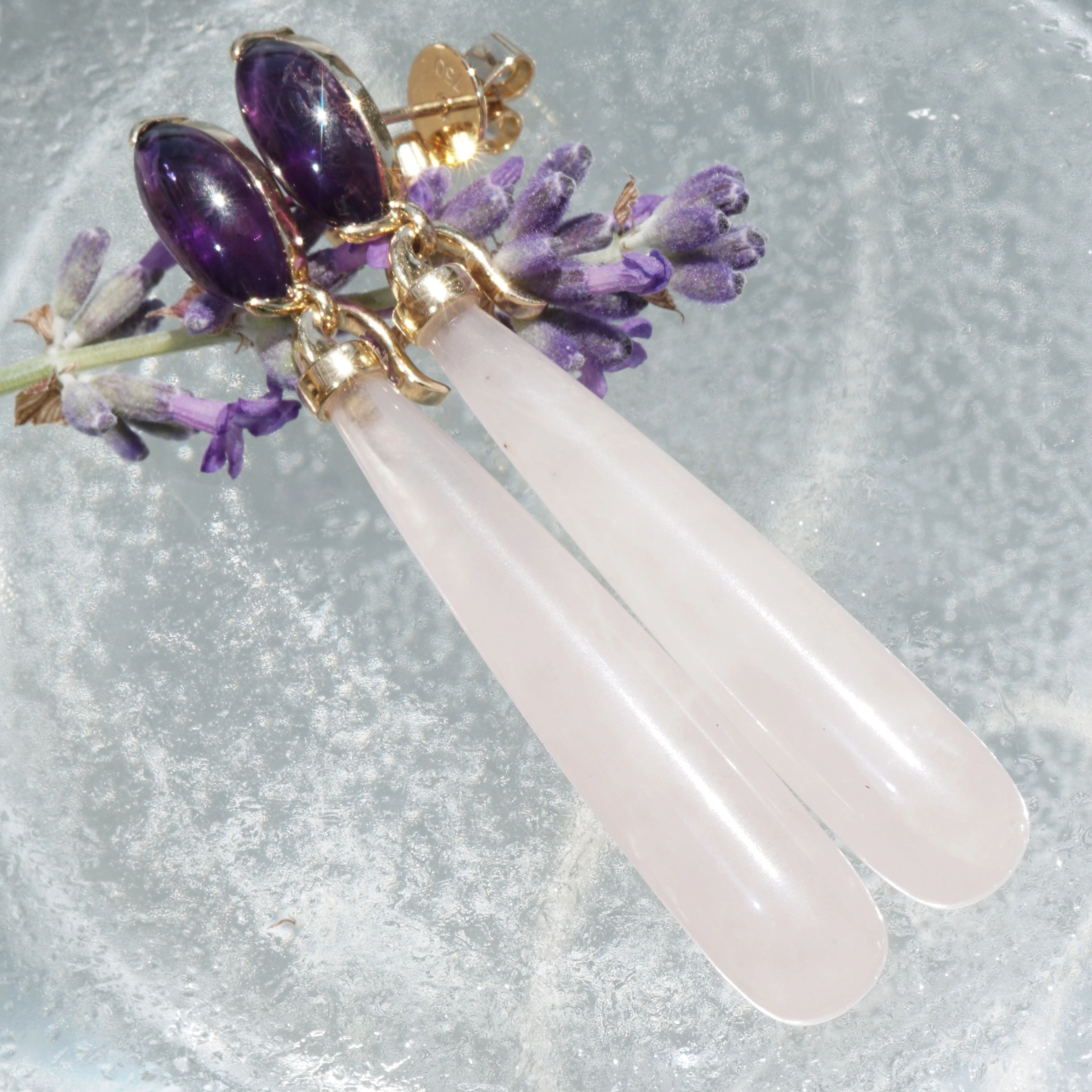 Rosequartz Amethyste Earrings 18 kt Yellowgold..pink Inspiration