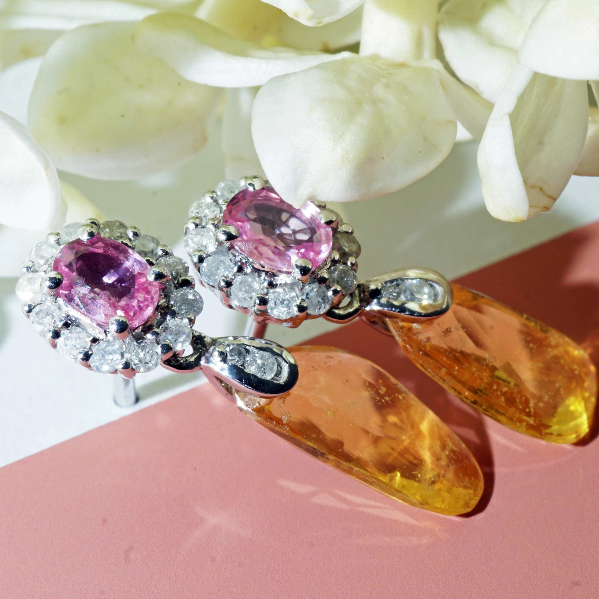 Pink and Yellow Sugarloaf Saphire with Diamond Earrings 18 kt Yellow Gold
