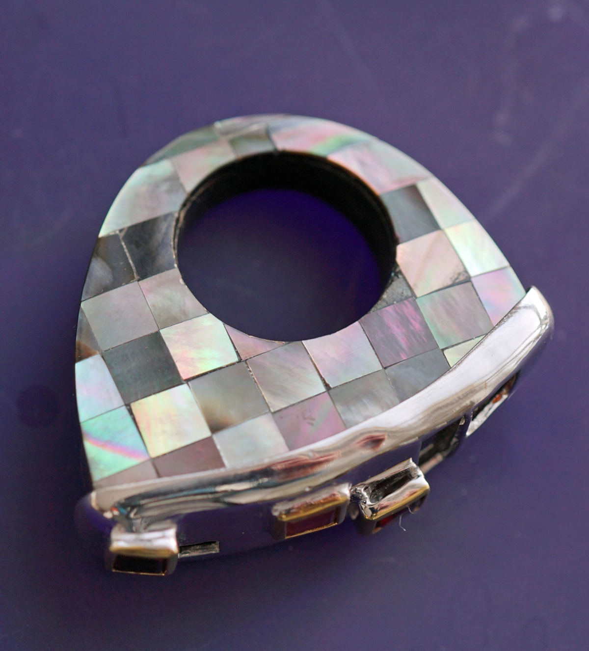 PERLMUT GRANAT Ring MODERNART Silber vergoldet ausgefallenes Schachbrettdesign