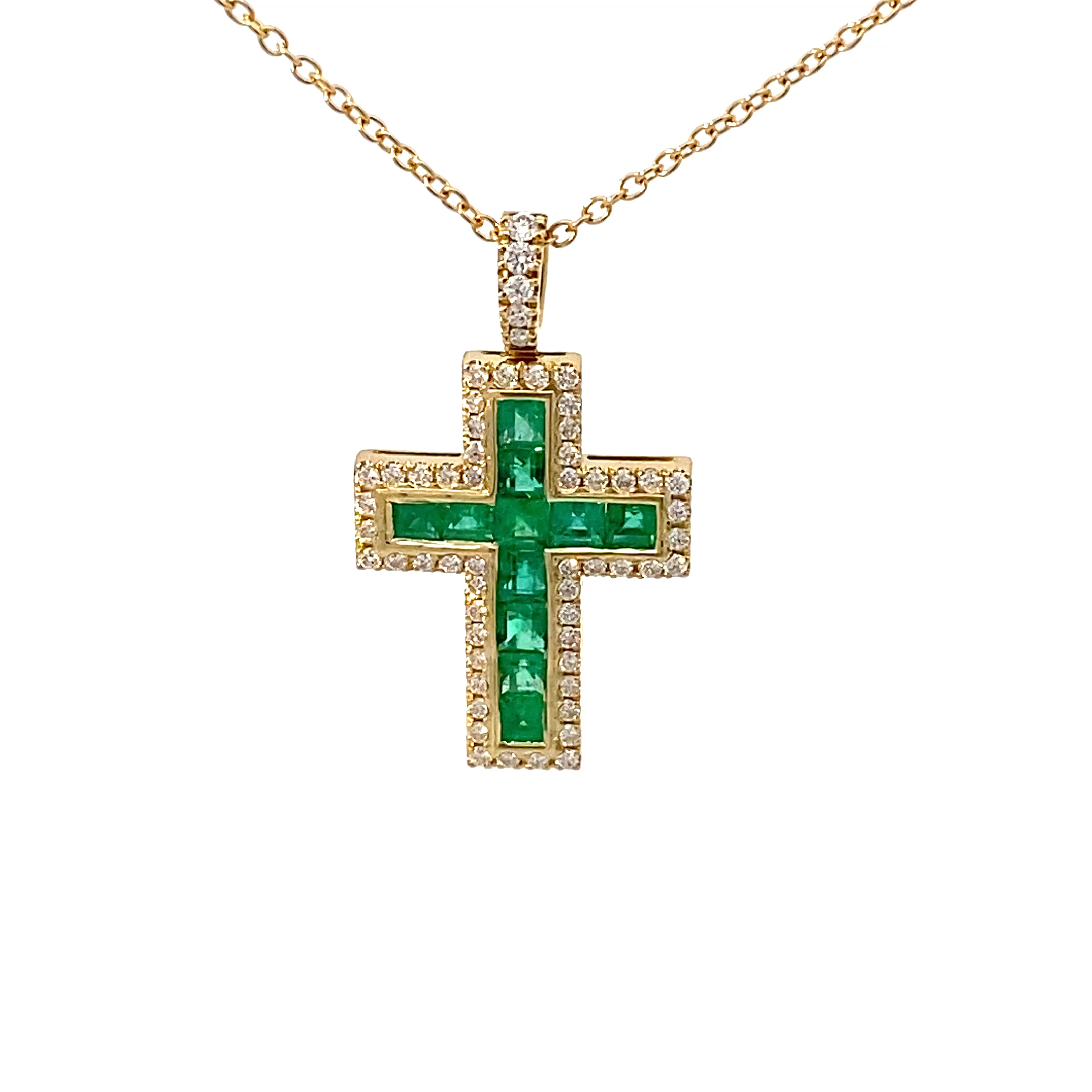 Bright Green AAA+ Panshir Emerald Brilliant Cross with Chain in 750 Yellow Gold - 0.98 ct 0.38 ct TW VS