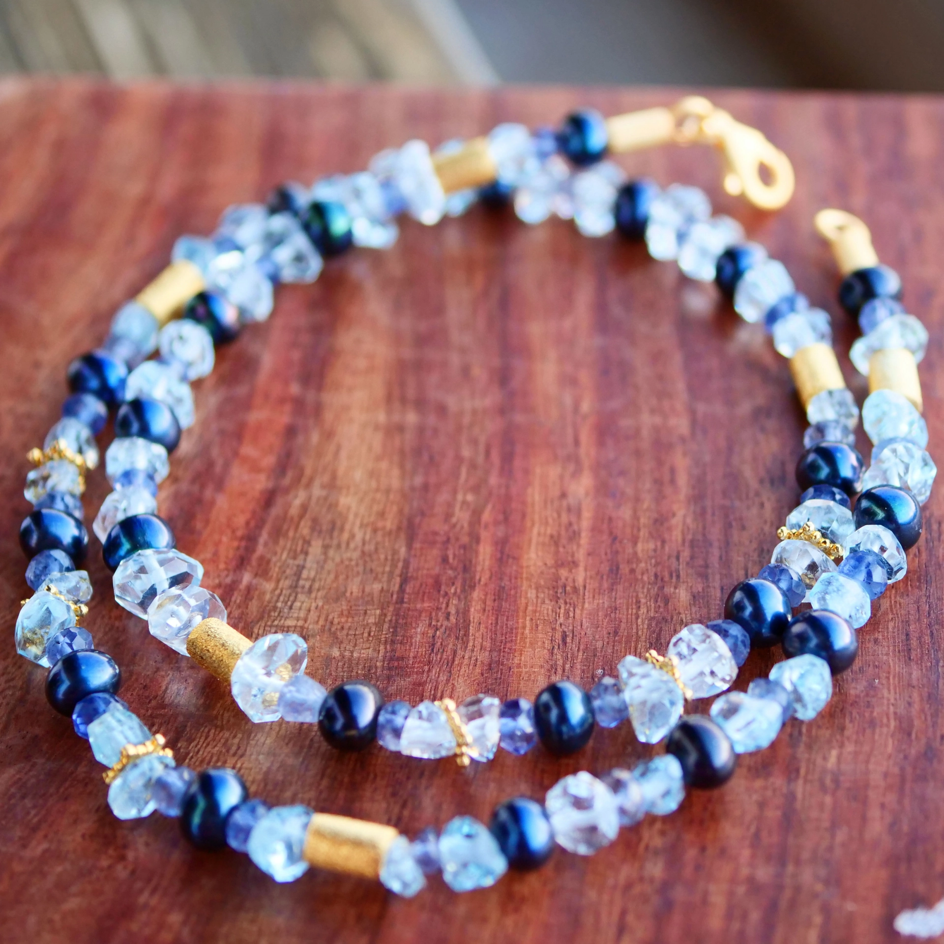 Unikat Kette Silber vergoldet  Aquamarine und Süßwasserperlchen