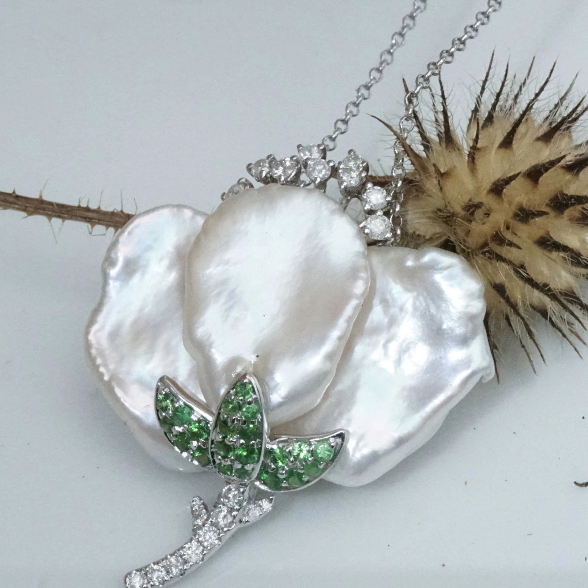Pearl Diamond Tsavorite Necklace 18 kt White Gold...forever frozen