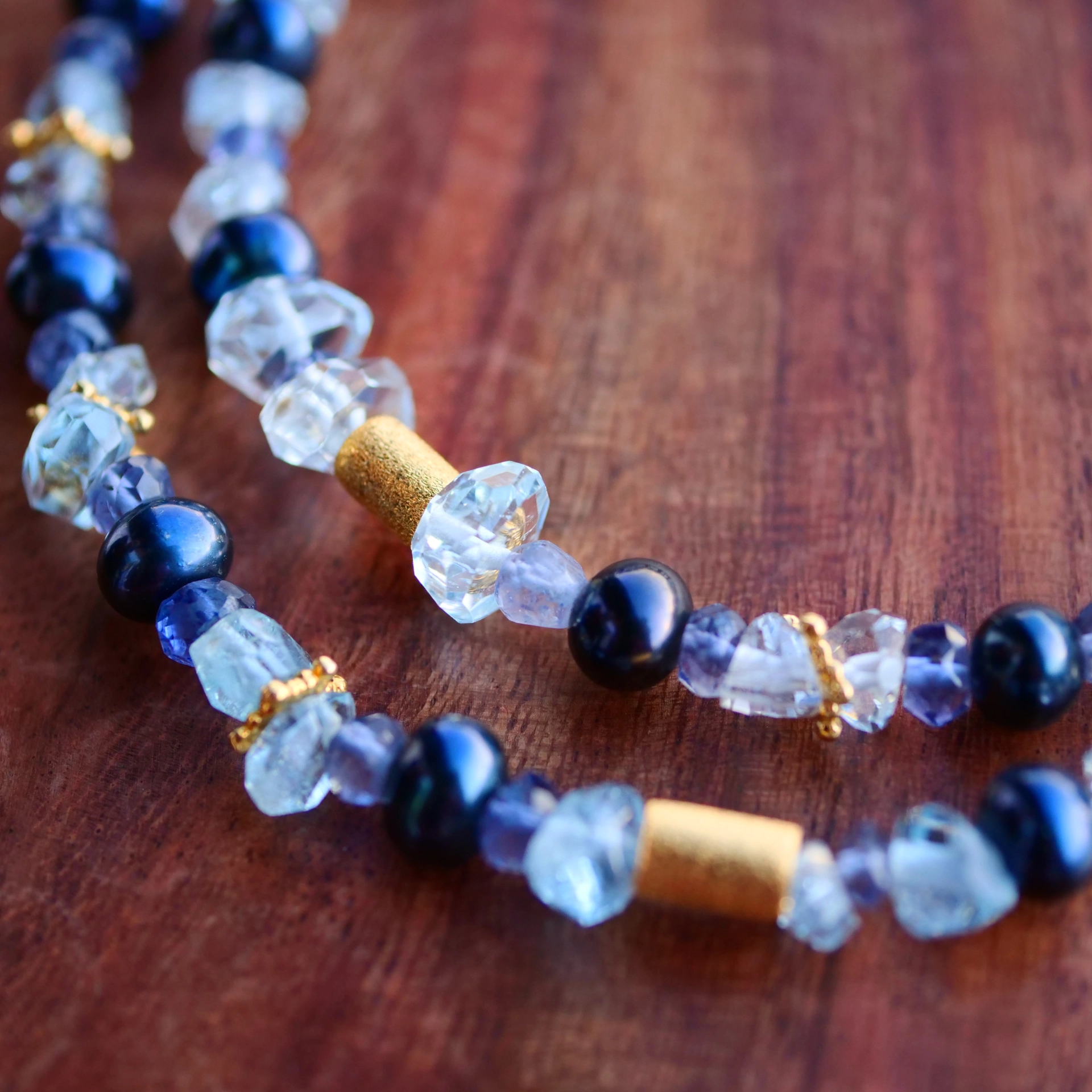 Unikat Kette Silber vergoldet  Aquamarine und Süßwasserperlchen