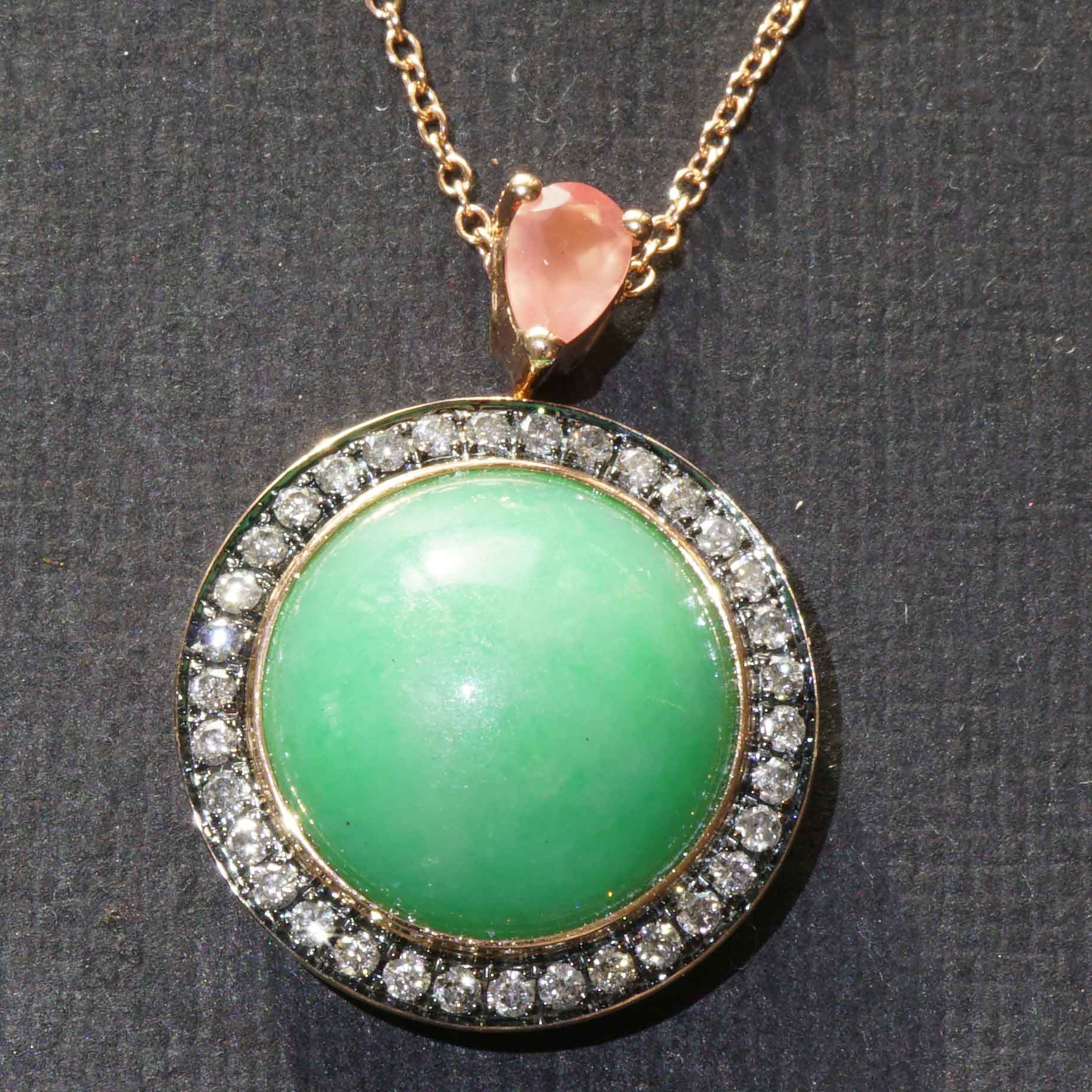 Jade Rhodochrosite Brilliant Pendant with Chain 750 Rose Gold Genuine Natural Jade with Certificate