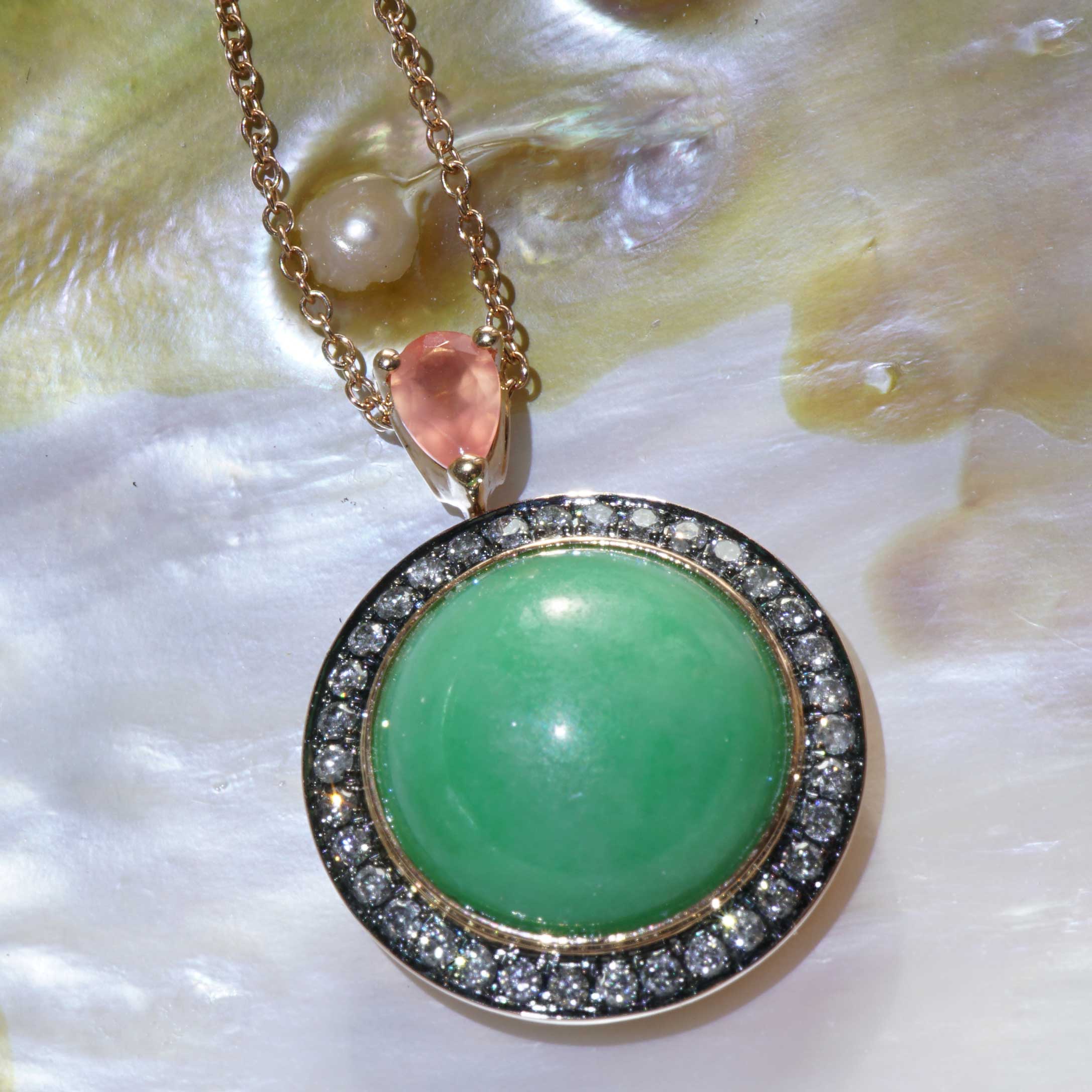 Jade Rhodochrosite Brilliant Pendant with Chain 750 Rose Gold Genuine Natural Jade with Certificate