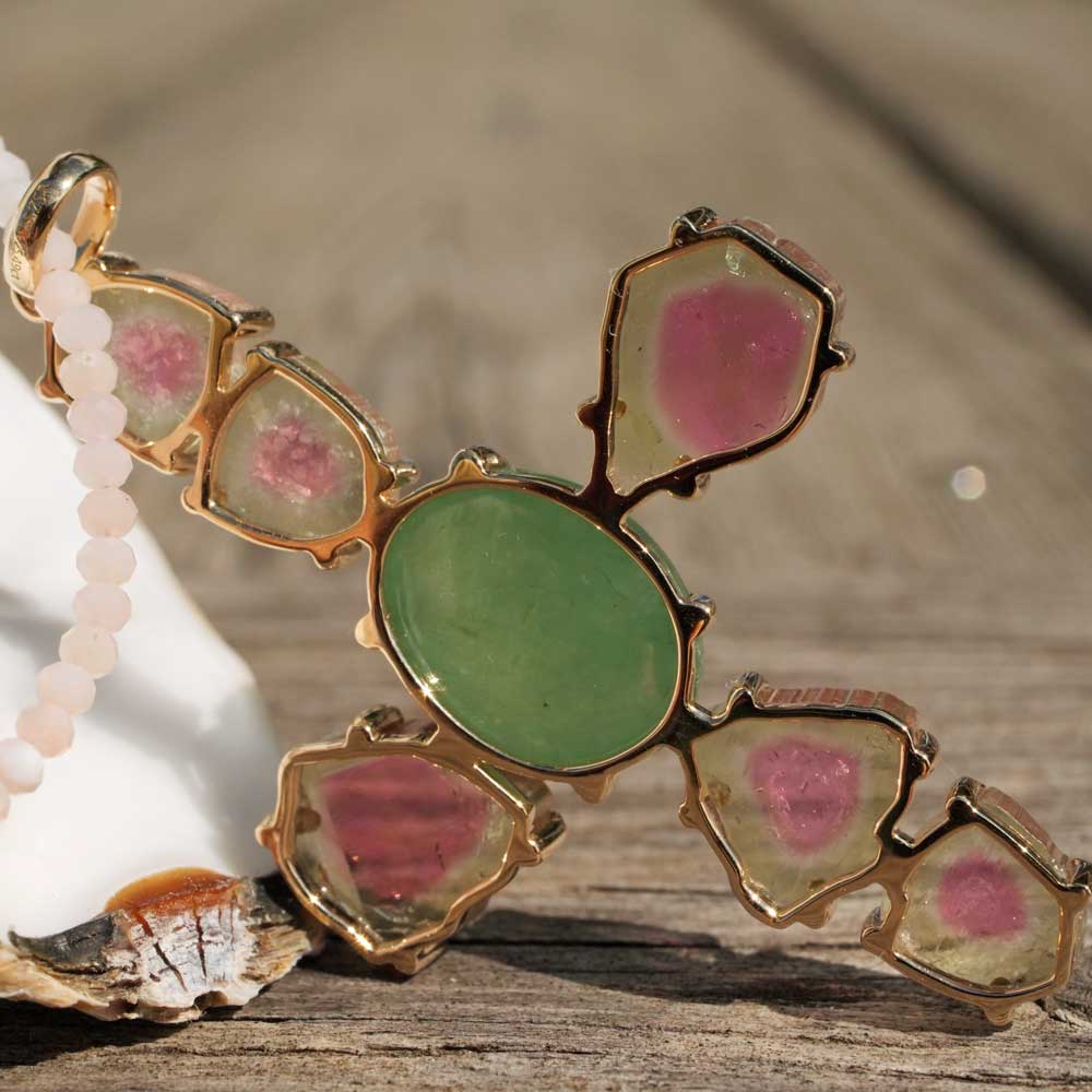 Pendant Cross Watermelons Tourmaline Jade 585 Yellow Gold 10.20 ct 15.29 ct with Short Report