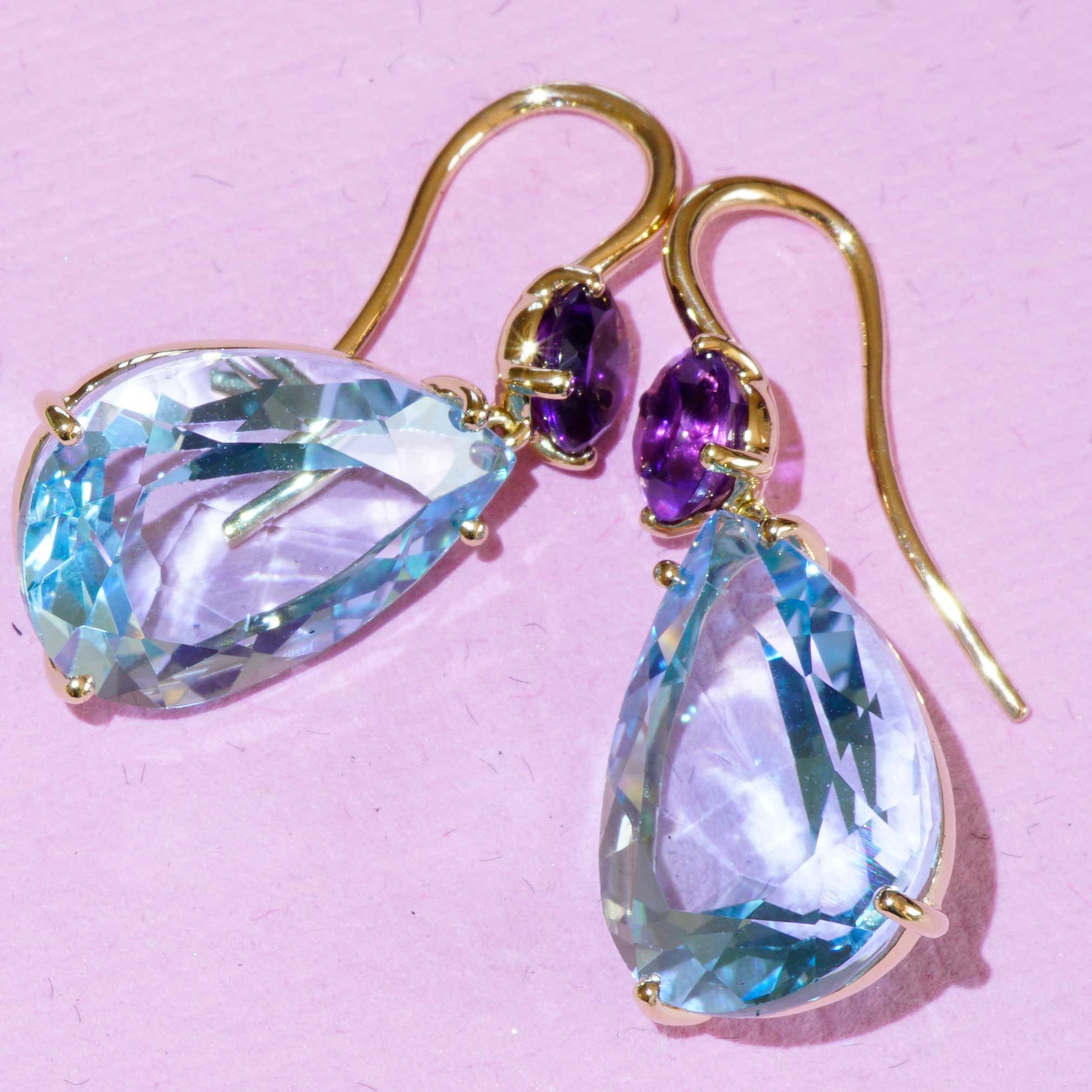 Bluetopaz Amethyst Earrings of high quality made in a traditional Italian goldsmith in Valenza, modern Design