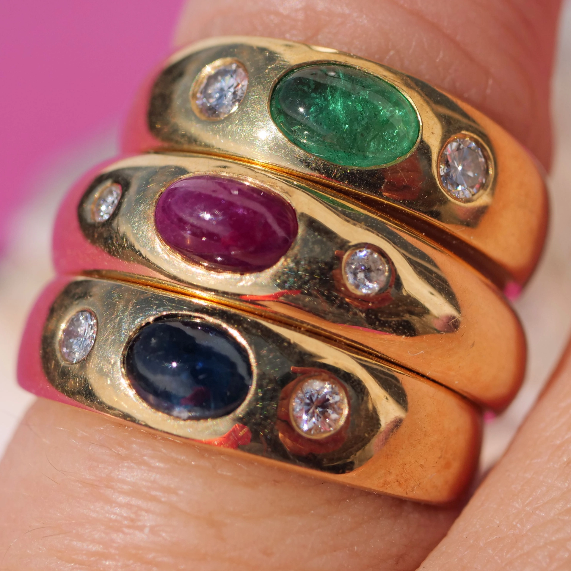 Emerald Saphire Ruby Brilliant Rings 18 kt Yellow Gold new and handmade