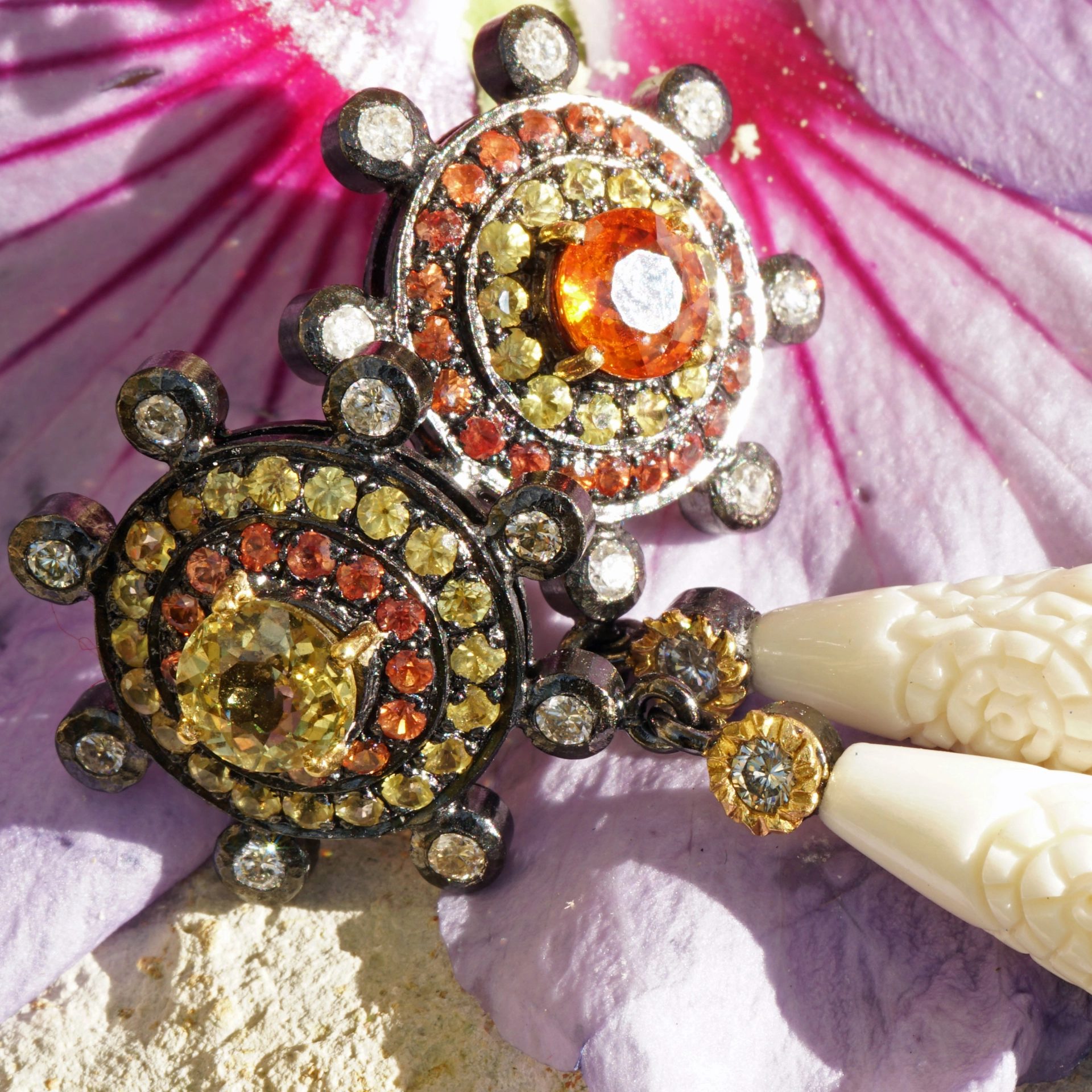 Padparadscha saphire  carved bone magnificent jewelry a thousand and 1 night tale