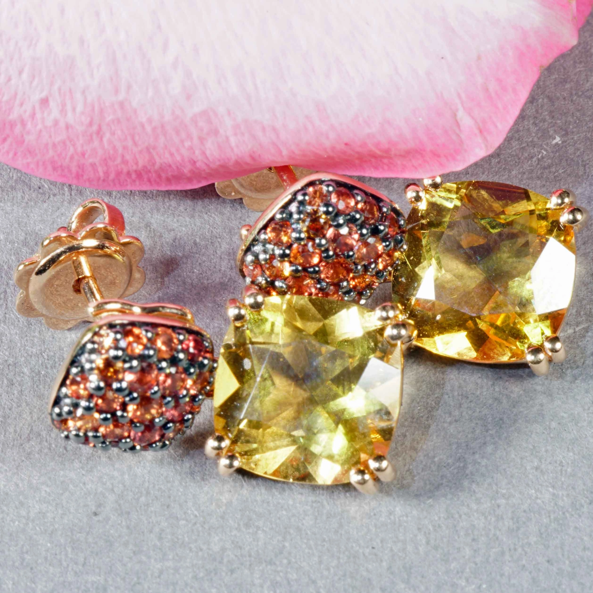 Yellow Citrin and orange Saphire Rosegold Earrings....stunning Kombination 