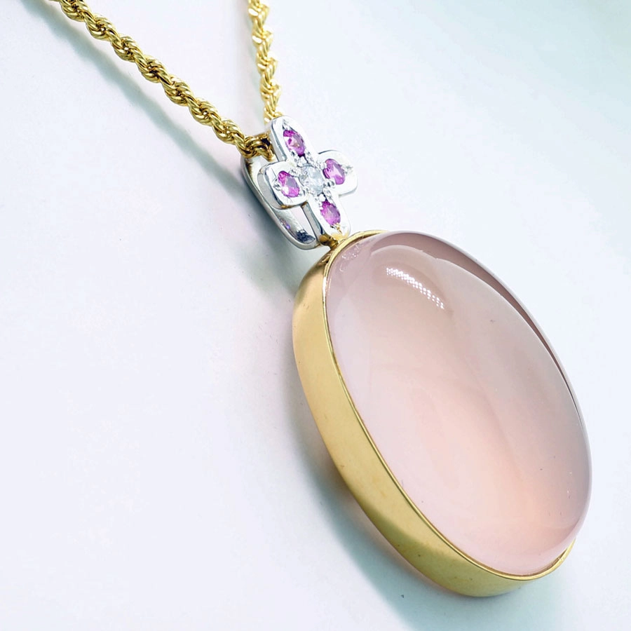 Rose Quartz Sapphire Diamond Pendant in 750 Yellow Gold ...... very high Quality