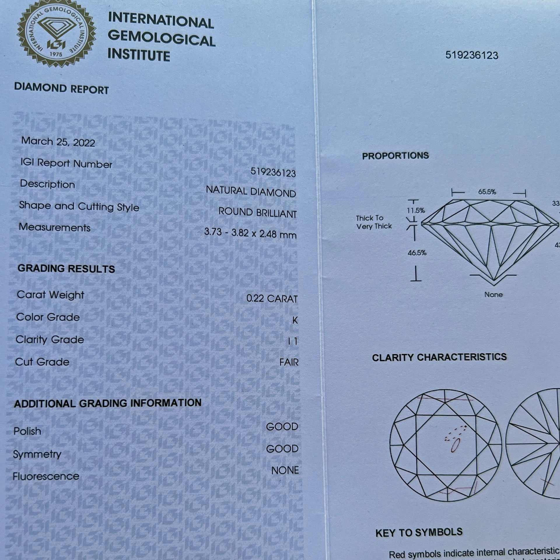 Cool full cut brilliant ideal for framing, 0.22 ct, tinted white (K) / I1  welded by IGI