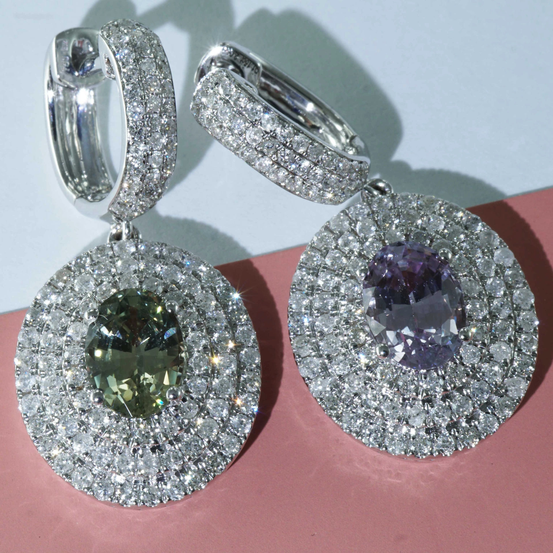 Saphire Briliant Earrings green and lavendel 18 kt White Gold Ilanka Mine Madagascar
