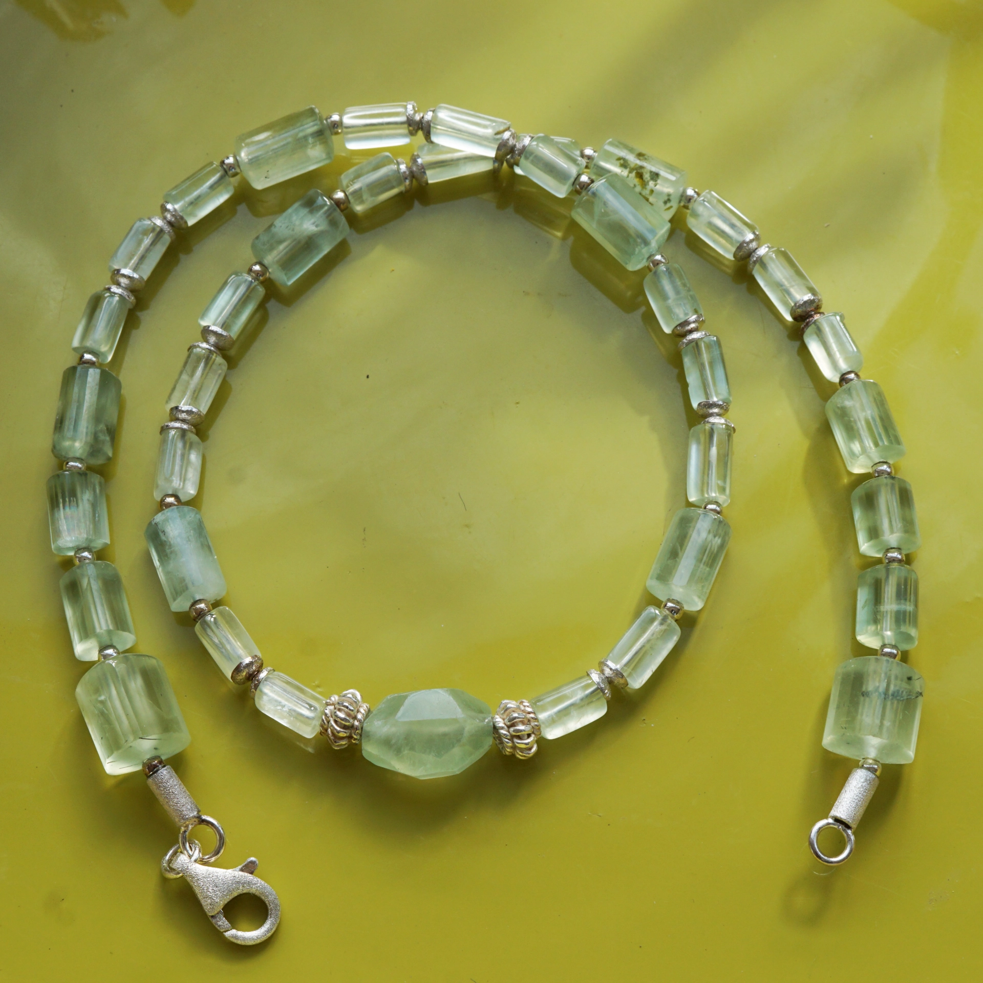 Gemstone Necklace with running Prehnites in different Color Nuances