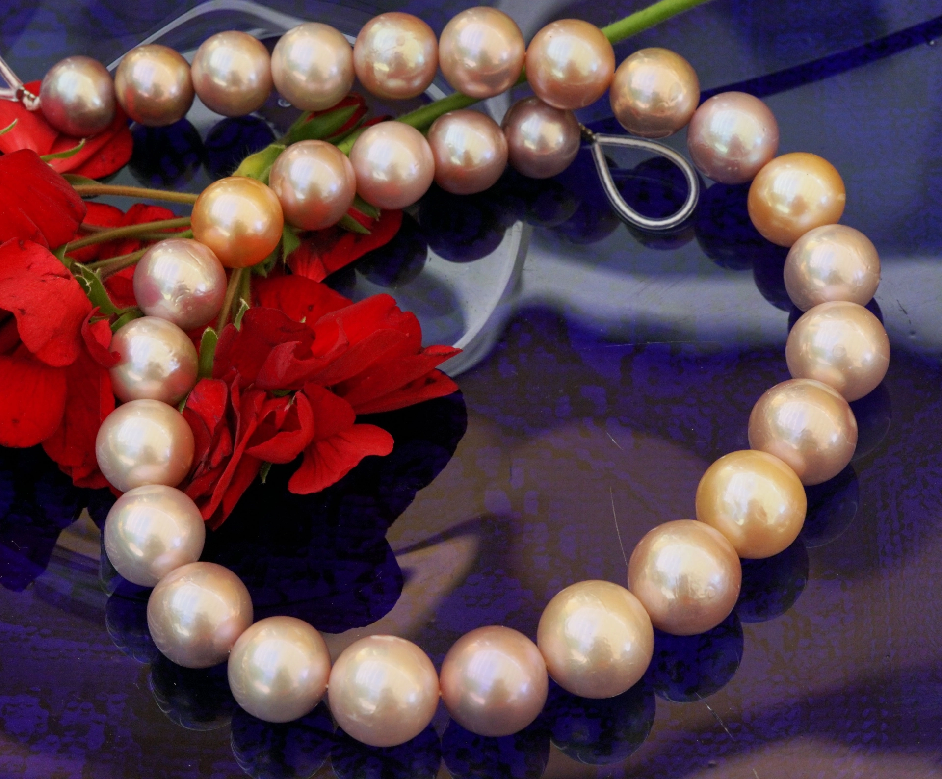 Ming Zuchtperl Collier AAA 13,1-17 mm natur pink-aprikot-rund-l-unrundy