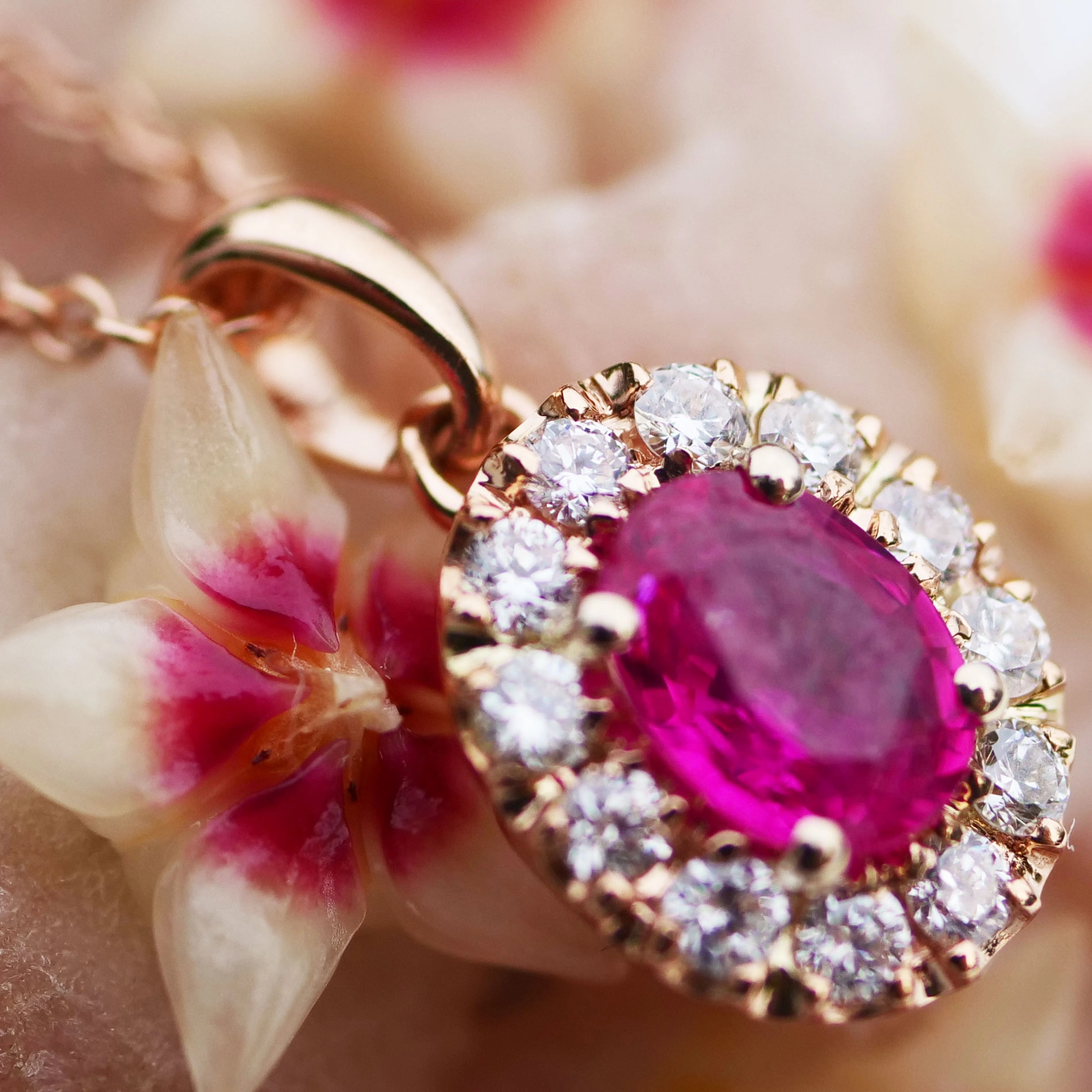 Ruby Diamond Pendant with Chain 18 kt Rose Gold.....the sweetest forever