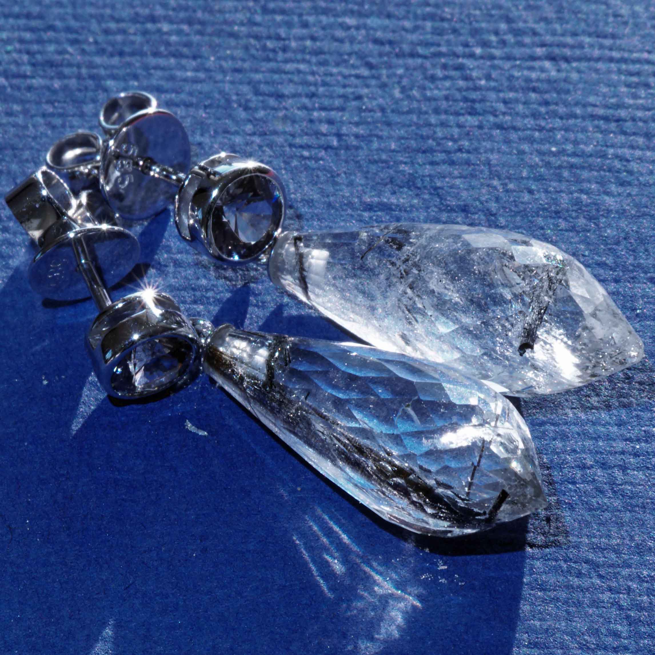 Long Spinel Rutilated Quartz Stud Earrings in Cool Glacier Colors... hot Ice... in 585 White Gold