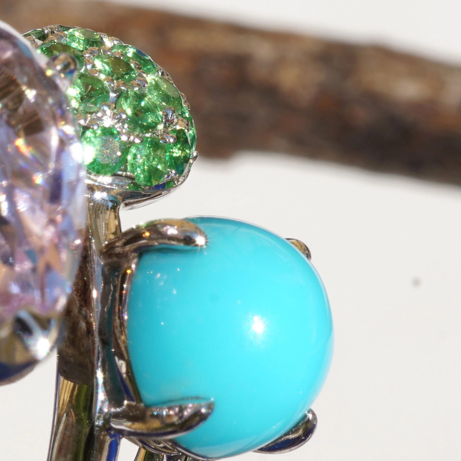 Kunzite Turquoise Tsavorite Ring 585 Whitegold 4.33 ct Day at Sea