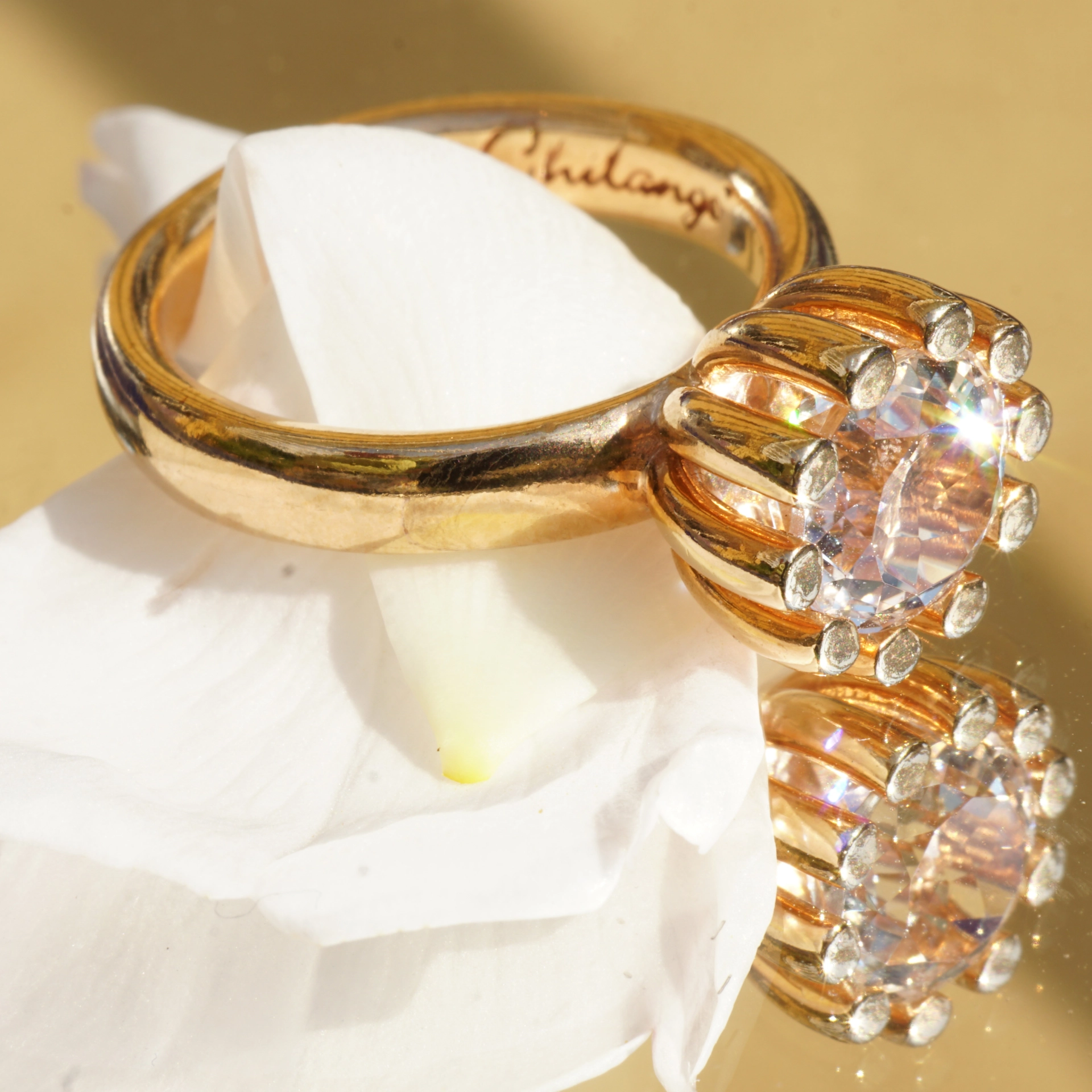 CHILANGO RING Grand Palais rock crystal 925 silver rose gold-plated new with original solid case