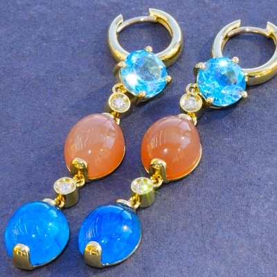 Neon blue paraibacolored Apatite Topaz and Moonstone Earrings 18 kt Jewellery 
