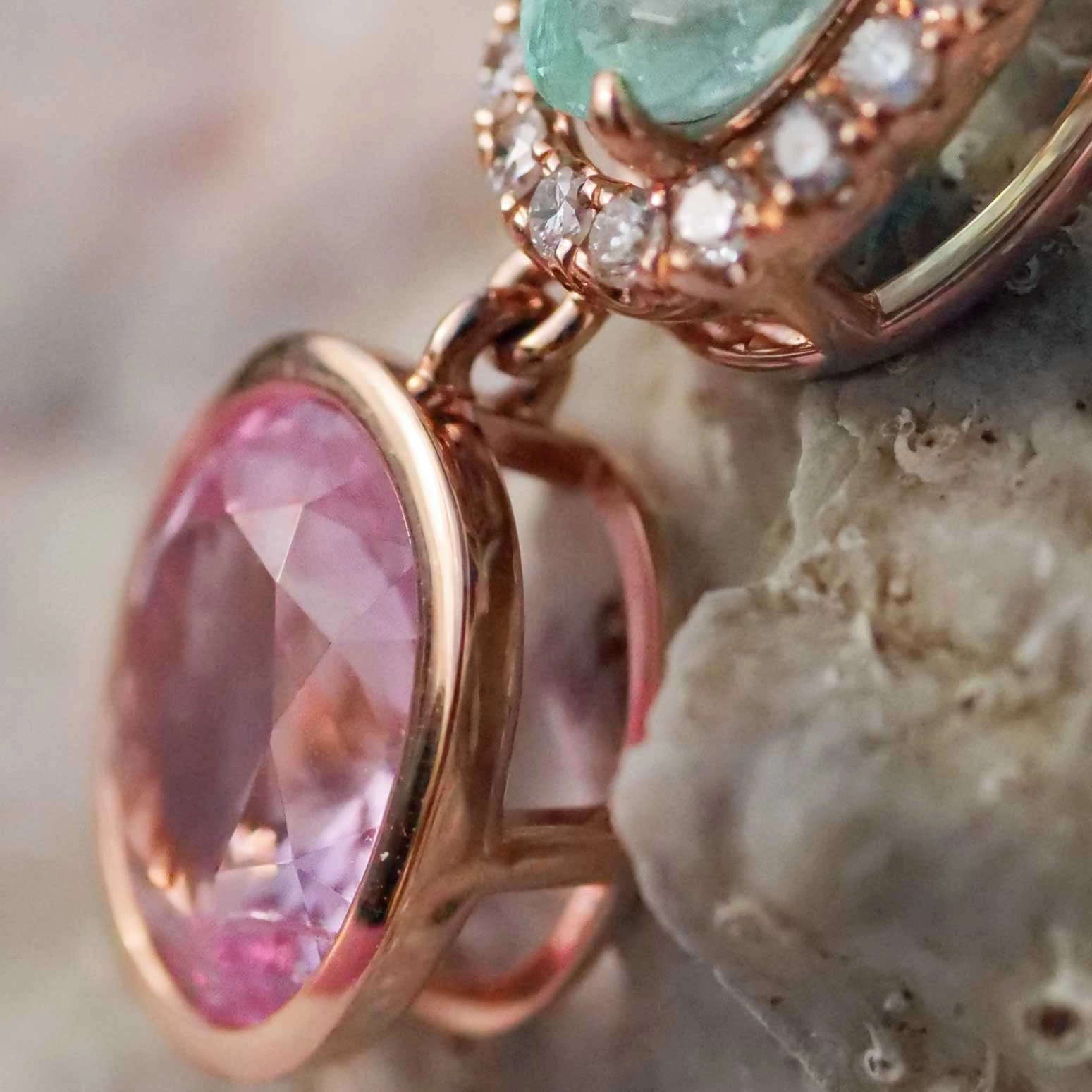 Pendant fine baby pink Spinel and Paraiba Tourmaline with Diamonds....Pastel Colors