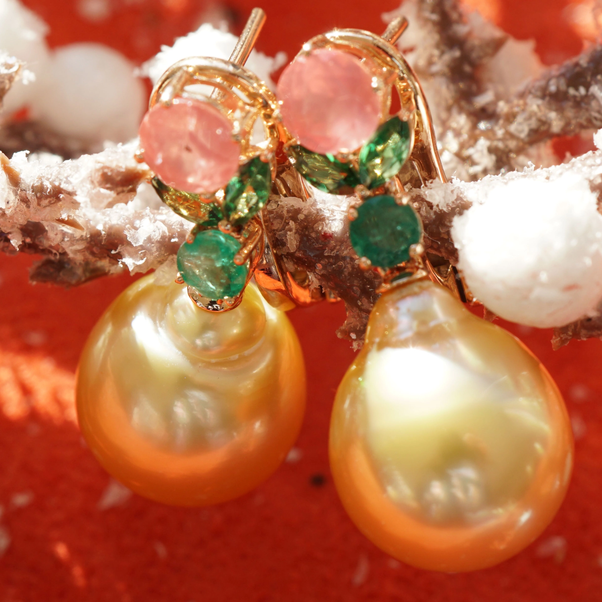 Rhodochrosit Smaragd Demantoid FEEN Ohrhänger mit goldenen Südsee Zuchtperlen 750er Rosegold