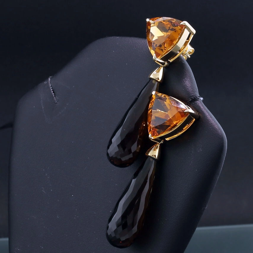 Citrin Rauchquarz Ohrhänger mit Stecker in 750er Gelbgold gearbeitet 62.24 ct